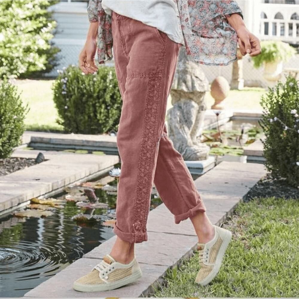 Sundance Organia Lace Linen Cotton Pant Washed Red Sz 8P